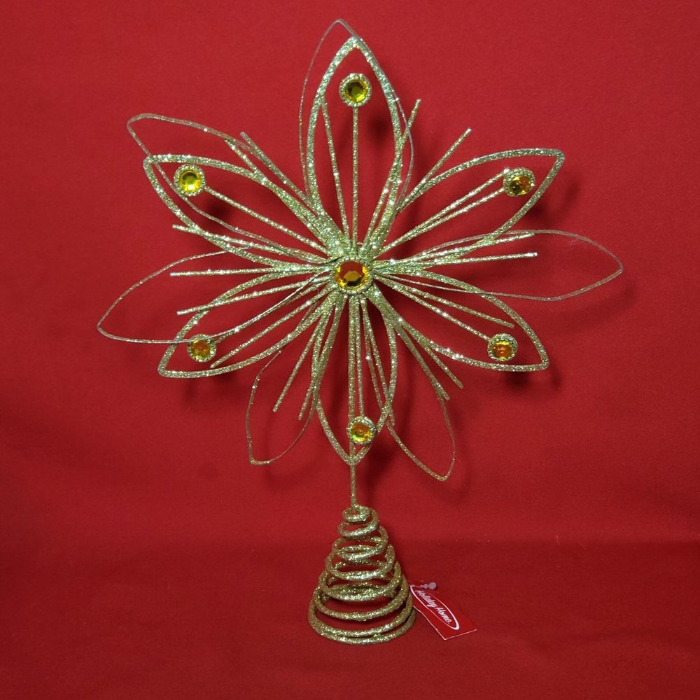 Holiday Home Jewel Flower Tree Topper Gold Glitter Sparkling Metal Wire Star Flo
